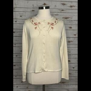 Vintage Rena Rowan cream floral embroidered button-down cardigan sweater Size XL